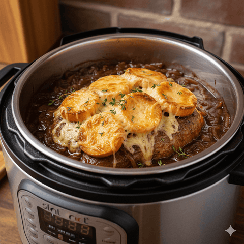 InstaPot French Onion Pot Roast topped with toasted, melted-cheese bread slices in an Instant Pot