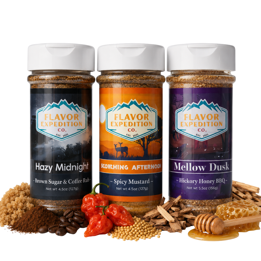 Three jars of Flavor Expedition Co. seasoning with ingredients on a white background