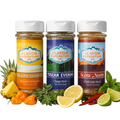 Three jars of Flavor Expedition Co. spices with corresponding ingredients on a white background
