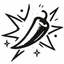 Black and white illustration of a chili pepper with starburst effects on a white background