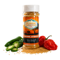 Spicy mustard seasoning jar with peppers and mustard seeds on a white background