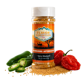 Spicy mustard seasoning jar with peppers and mustard seeds on a white background