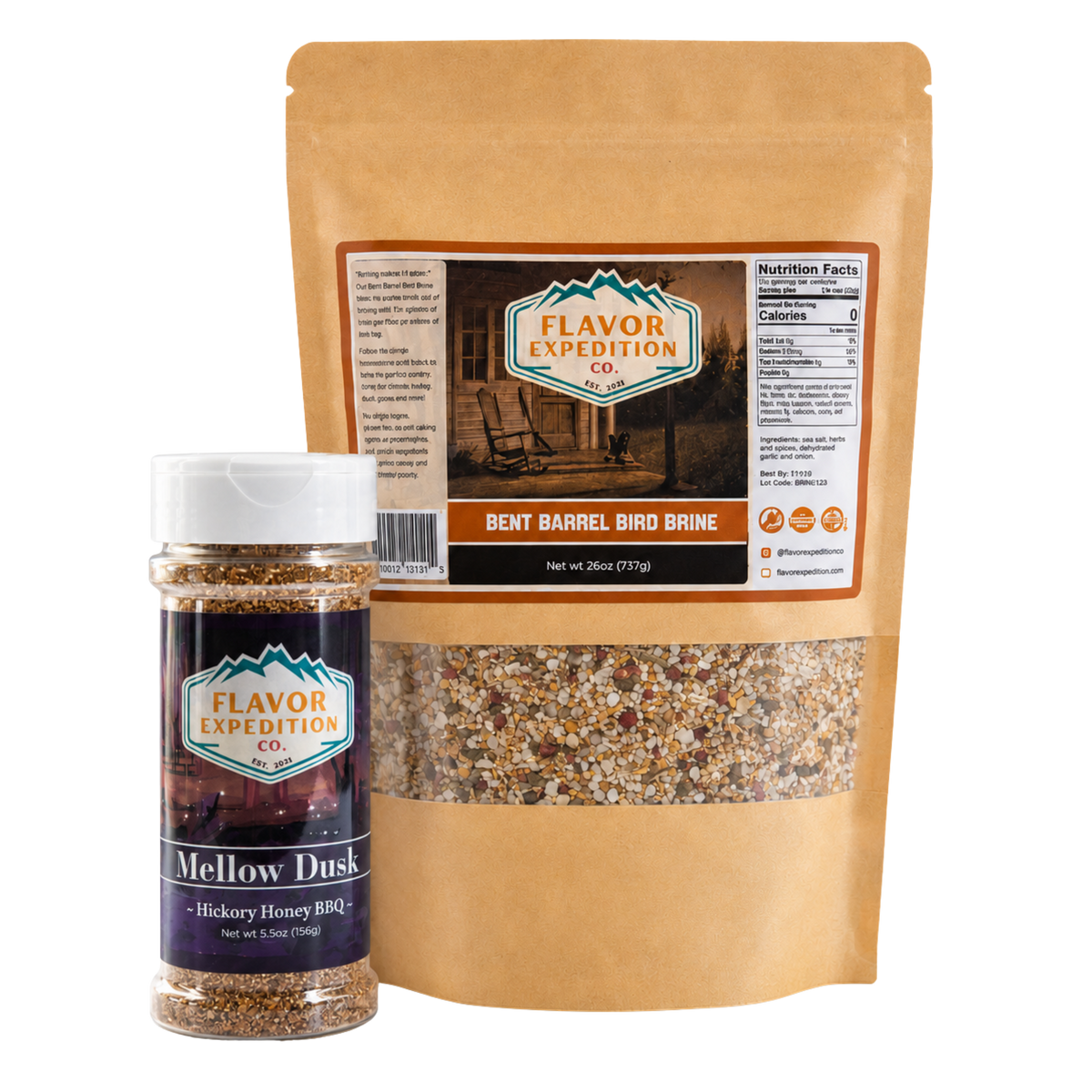 Bent Barrel Bird Brine pouches with a seasoning bottle in front.