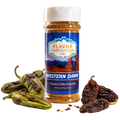 Bottle of Flavor Expedition Co. Western Dawn Green Chile Chipotle spice with green chilies and prunes on a white background