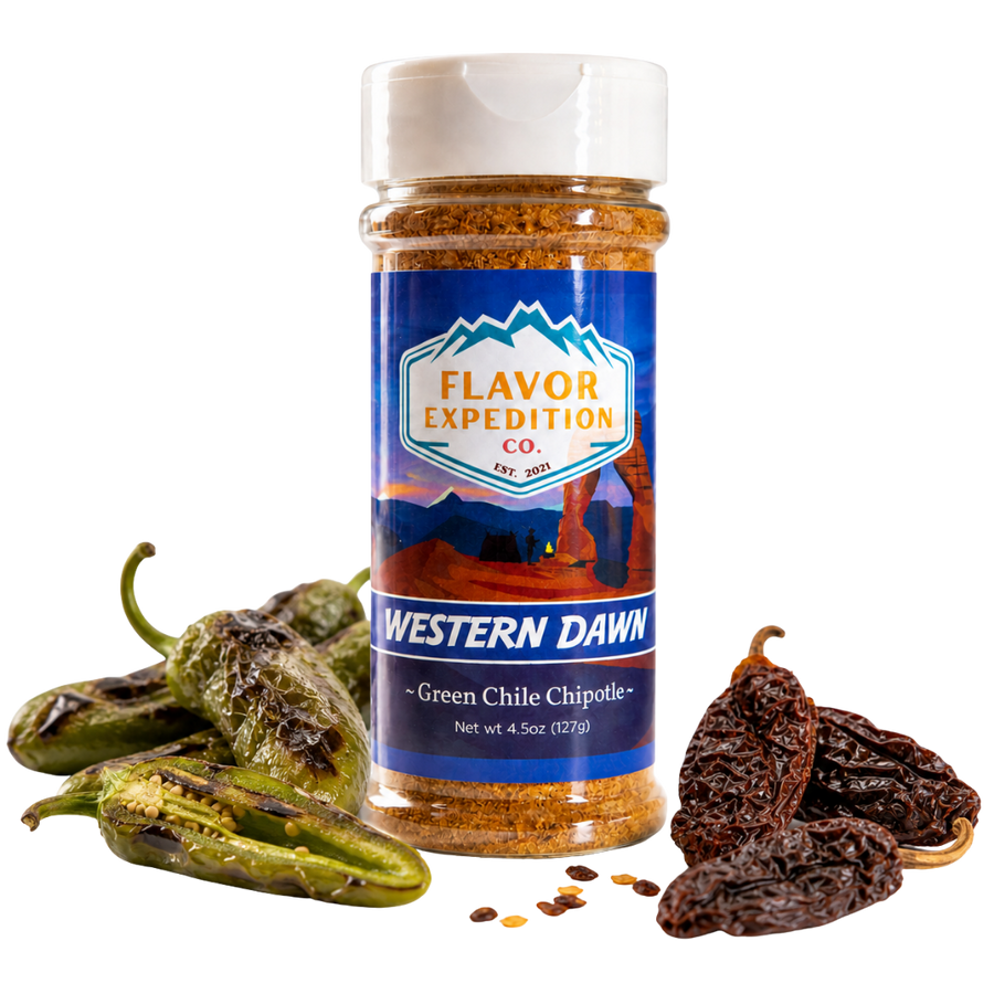 Bottle of Flavor Expedition Co. Western Dawn Green Chile Chipotle spice with green chilies and prunes on a white background