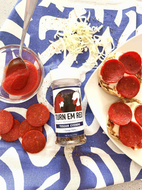 Mini Pizzas, Big Flavor: Quick English Muffin Pizzas with pepperoni and seasoning ready to bake.