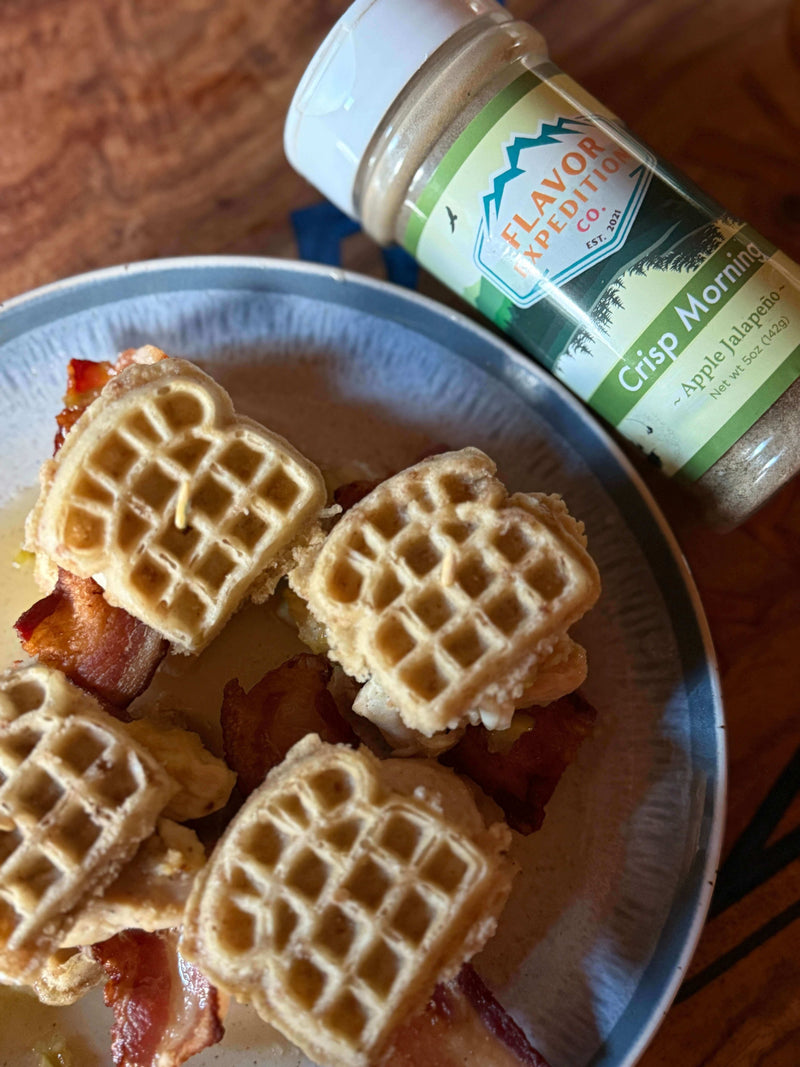 Apple Jalapeño Chicken Waffle Sliders served with Crisp Morning seasoning on a plate.