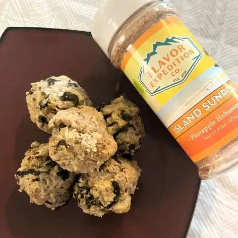 Sweet & Spicy Turkey Bites served with Island Sunrise seasoning on a plate, highlighting the flavorful meatball recipe.
