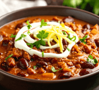 A bowl of delicious Crockpot Cowboy Chili topped with sour cream, cheese, and fresh herbs, ready to be enjoyed.