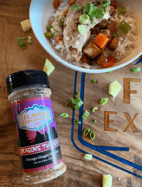 Dragons Breath Chicken Bowls with Hoisin Sweet Potato topped with Dragons Twilight seasoning.