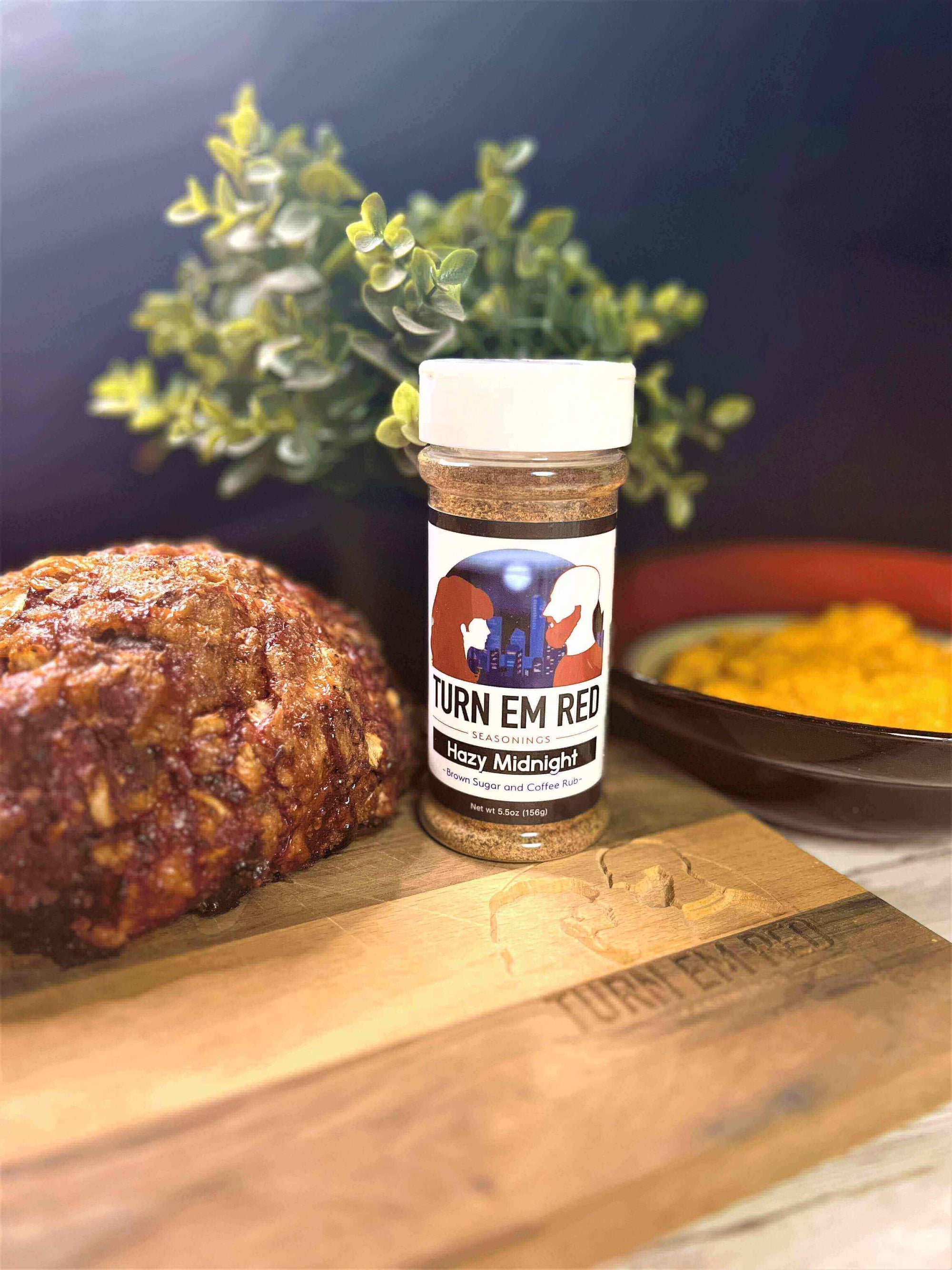 BBQ After Dark: Hazy Midnight Meatloaf with Turn Em Red seasoning, a flavorful meatloaf and side dish arrangement.