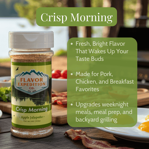 Flavor Expedition Co. Crisp Morning seasoning bottle with product description on a wooden table.