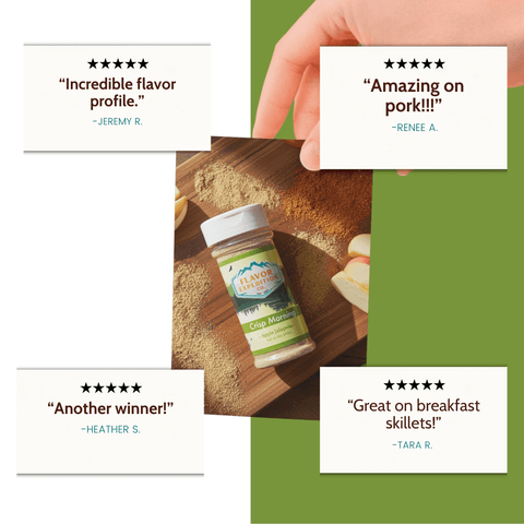 Bottle of seasoning mix on a wooden board with customer reviews displayed.