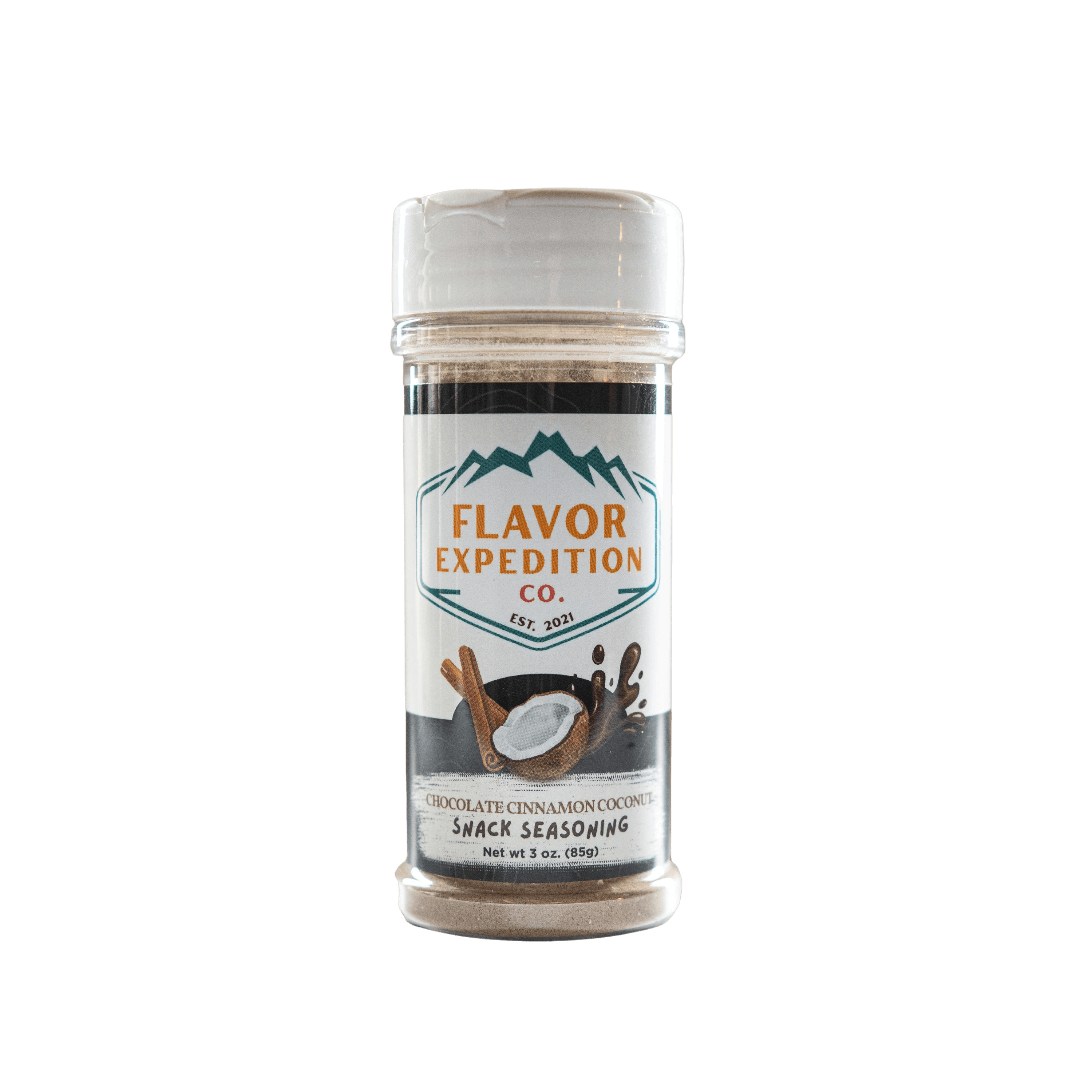 Chocolate Cinnamon Coconut Seasoning in a shaker by Flavor Expedition Co, perfect for delightful snacks.