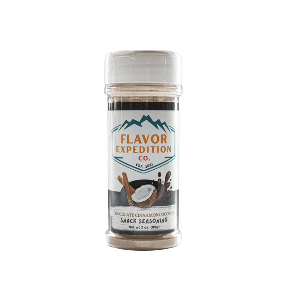 Chocolate Cinnamon Coconut Seasoning in a shaker by Flavor Expedition Co, perfect for delightful snacks.