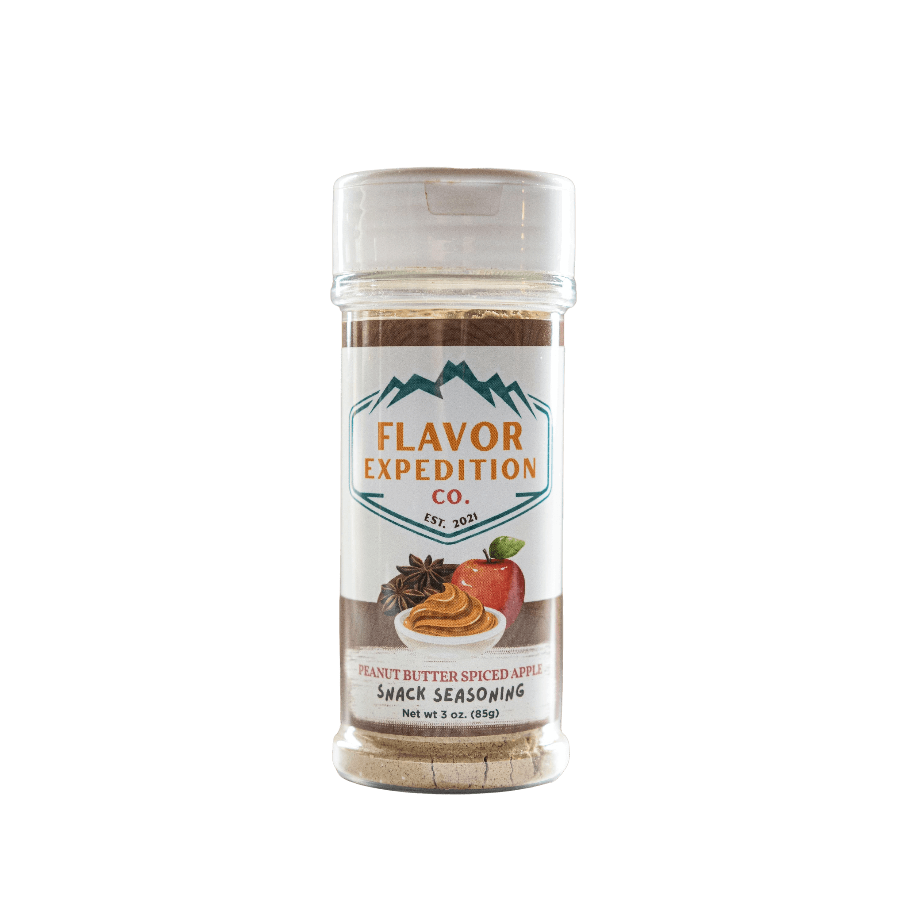 Peanut Butter Spiced Apple Seasoning in a clear spice container by Flavor Expedition Co.