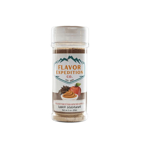 Peanut Butter Spiced Apple Seasoning in a clear spice container by Flavor Expedition Co.