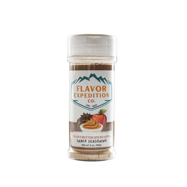 Peanut Butter Spiced Apple Seasoning in a clear spice container by Flavor Expedition Co.