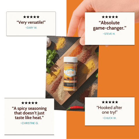 Spice jar with customer reviews and ratings on an orange background