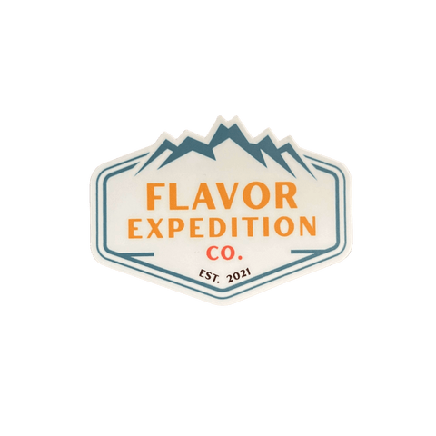 Flavor Expedition Co Sticker with rugged mountain design, weatherproof sticker for coolers and water bottles.