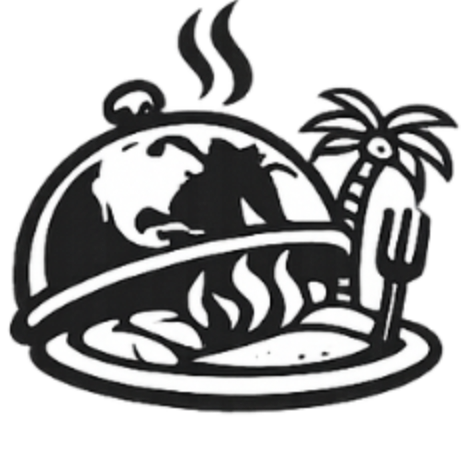 Black and white logo of a chef's hat with a globe inside, palm tree, and fork on a white background