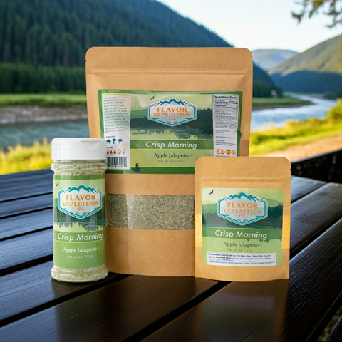 Apple Jalapeno Seasoning products from Flavor Expedition on a table by the river, showcasing Crisp Morning flavors.