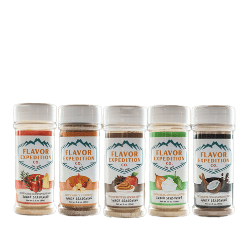 Snack Seasoning Variety Pack - Snack Attack! from Flavor Expedition Co., featuring five unique snack seasonings.