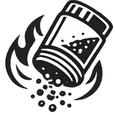 Black and white icon of a pepper grinder with pepper being sprinkled.