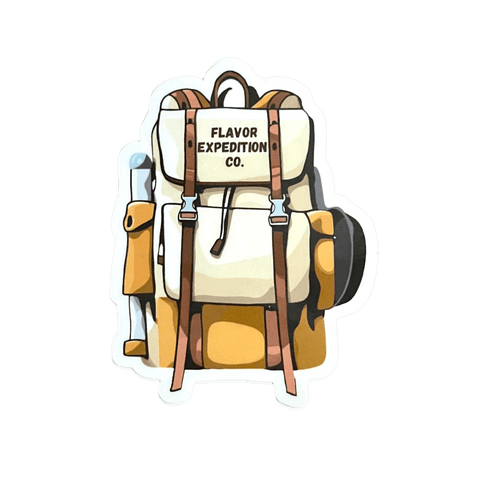 Pack It In Pack It Out Sticker on a rugged backpack from Flavor Expedition Co.