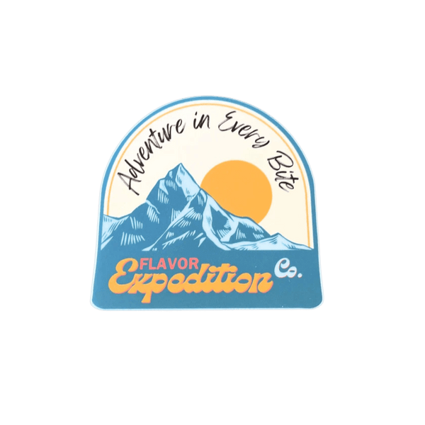 Adventure in Every Bite Sticker, weatherproof mountain-inspired design perfect for water bottles and coolers.