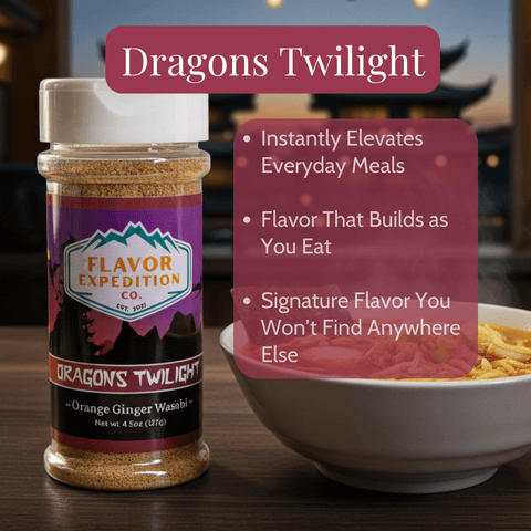 Dragon's Twilight seasoning bottle with promotional text and a bowl of noodles in the background.