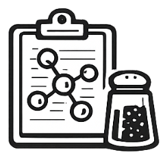 Icon of a clipboard with a molecular structure diagram and a salt shaker on a white background