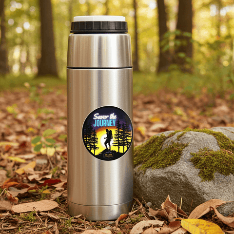Twilight Journey Sticker on a thermos in a vibrant autumn forest setting, encouraging adventurers to savor their journeys.
