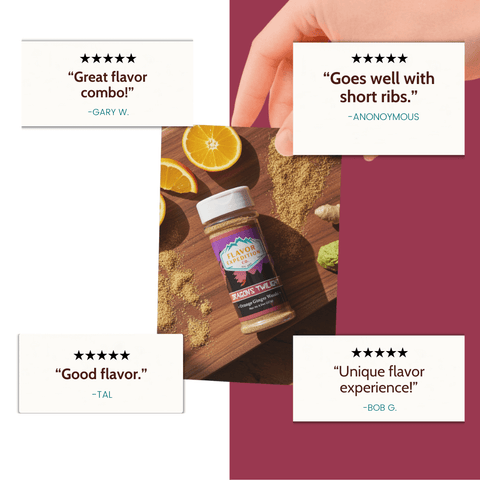 Spice jar with customer reviews and images of oranges and spices on a wooden board.