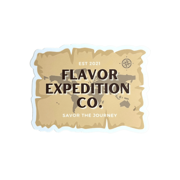 Timeworn Map Sticker from Flavor Expedition Co. with rugged design and motto "Savor the Journey." Weatherproof sticker.