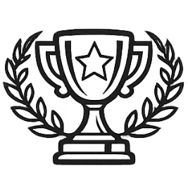 Black and white illustration of a trophy with a star and laurel wreath on a white background