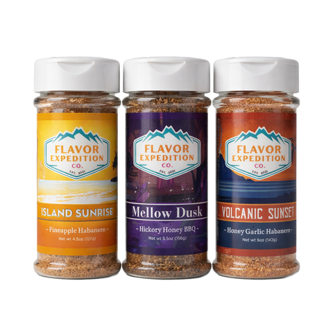 Wings N Things Seasoning Pack featuring Island Sunrise, Mellow Dusk, and Volcanic Sunset spice jars.