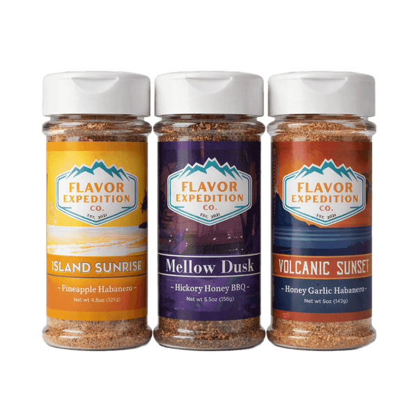 Wings N Things Seasoning Pack featuring Island Sunrise, Mellow Dusk, and Volcanic Sunset spice jars.