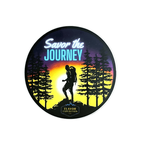 Twilight Journey Sticker featuring a hiker silhouette against a vibrant twilight sky, perfect weatherproof sticker for adventures.