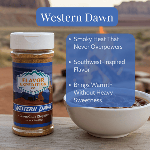 Jar of Flavor Expedition Co. Western Dawn green chile chipotle seasoning with a bowl of food in the background.