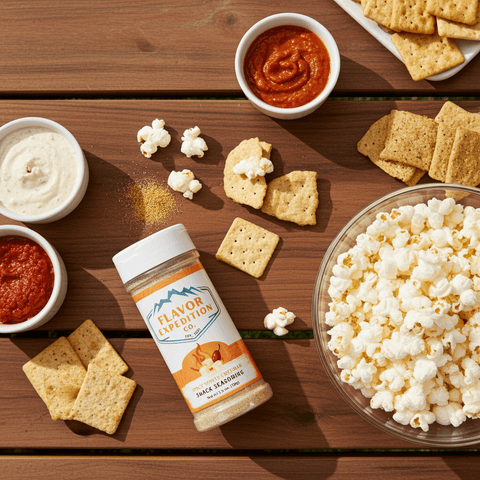 Snack platter with popcorn, crackers, and a bottle of seasoning on a wooden surface.