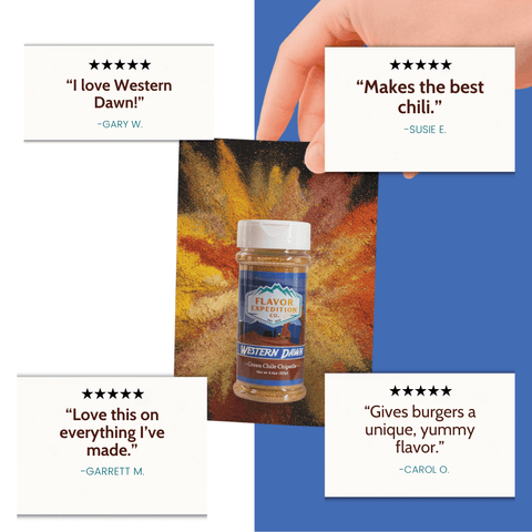 Western Dawn seasoning bottle with customer reviews on a colorful background
