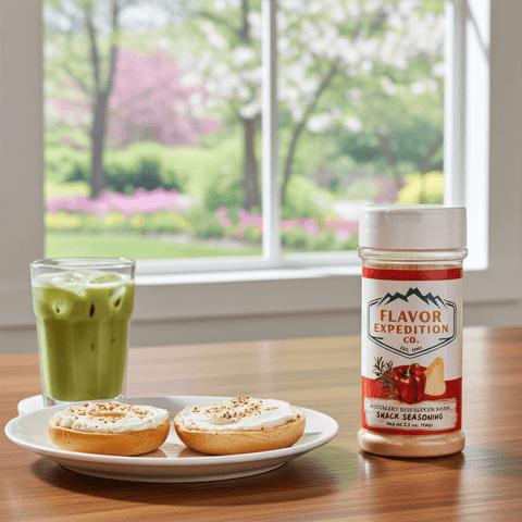 Two donuts with a glass of green drink and a jar of 'Flavor Expedition Co.' seasoning on a table with a garden view.