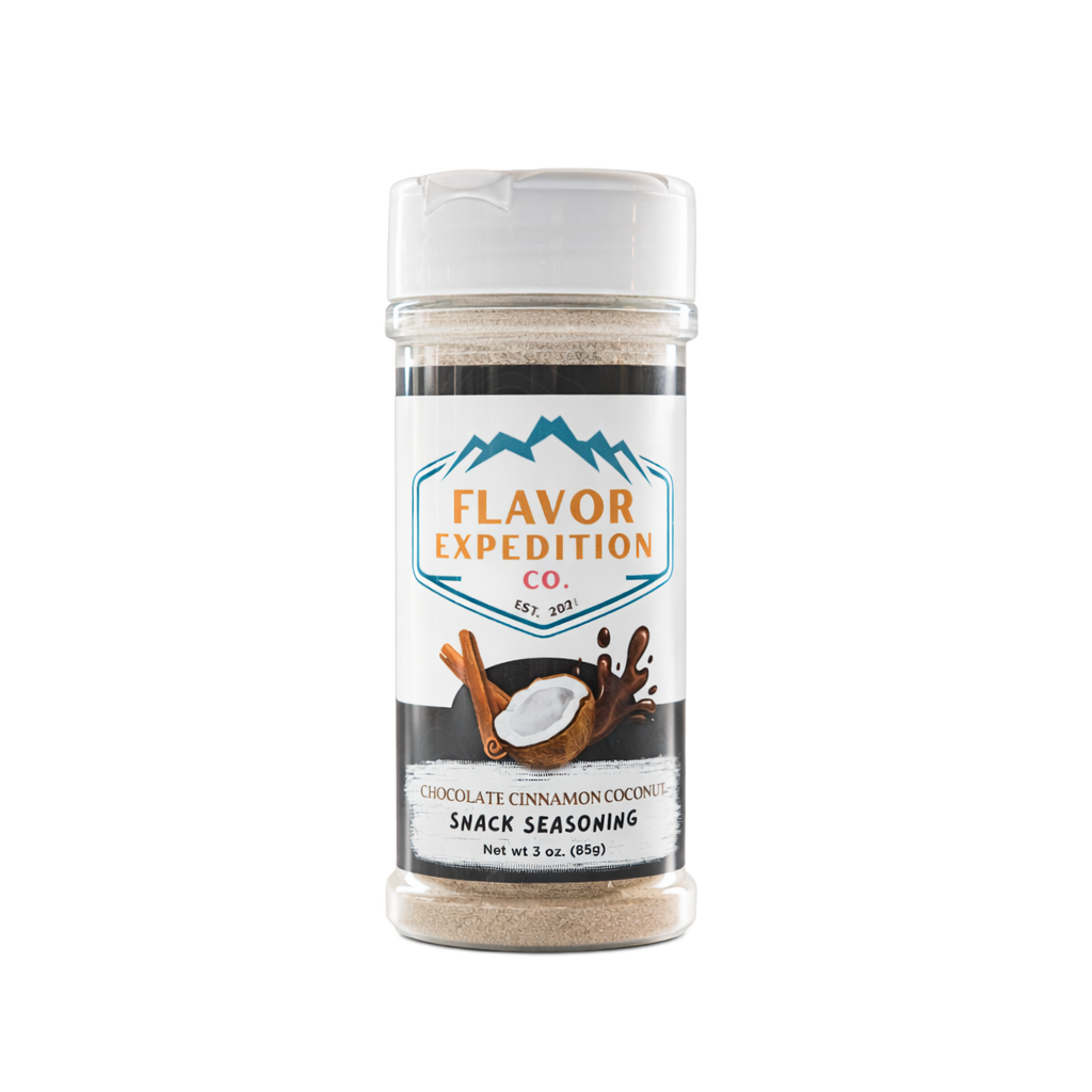Bottle of Flavor Expedition Co. snack seasoning on a white background