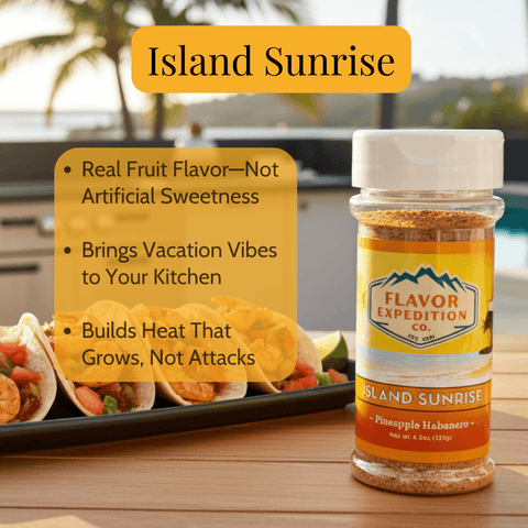 Spice jar labeled 'Island Sunrise' with promotional text on a kitchen counter.