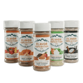 Five bottles of Flavor Expedition Co. snack seasonings on a white background
