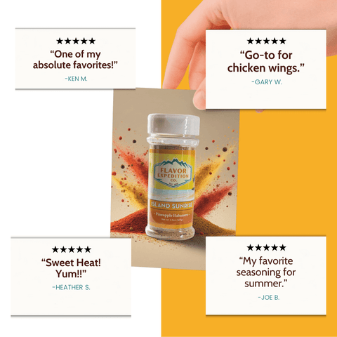 Bottle of seasoning with customer reviews on a yellow background