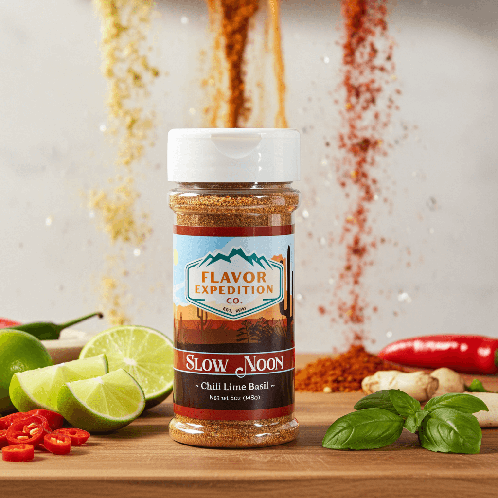 Chili Lime Basil Seasoning by Slow Noon in a spice jar with colorful ingredients on a wooden table