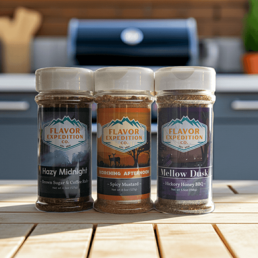 BBQ Essentials seasoning pack featuring Hazy Midnight, Scorching Afternoon, and Mellow Dusk, perfect for grilling.