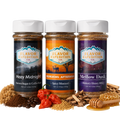 Three jars of Flavor Expedition Co. seasoning with ingredients on a white background